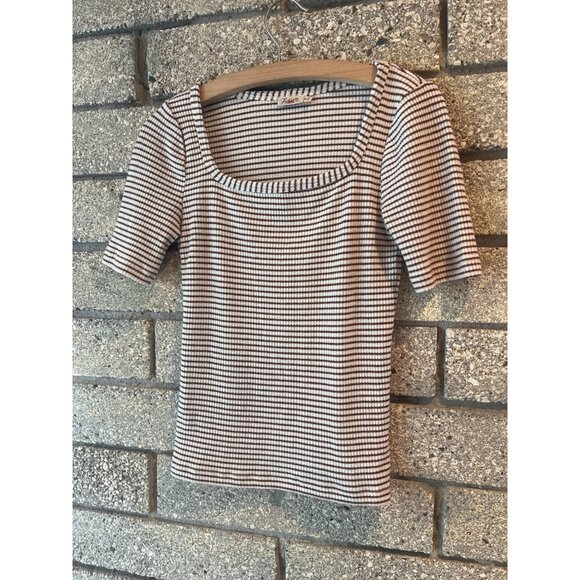 Faherty Womens XS Brown & White Striped Ribbed Knit Square Neck Top - Picture 2 of 6